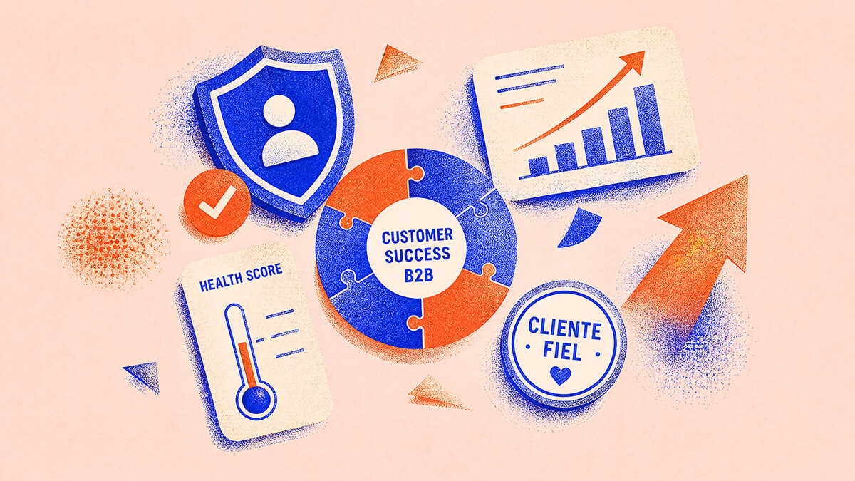 Balde furado, termômetro e boia salva-vidas em colagem risograph representando customer success B2B