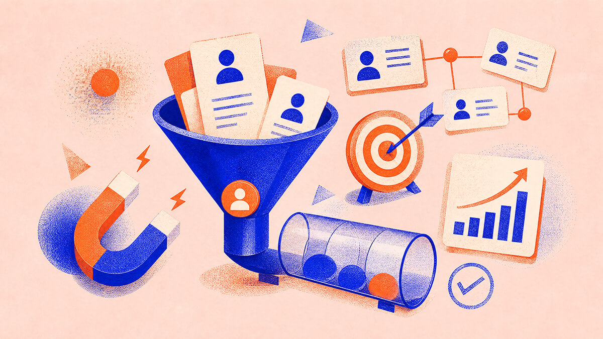 Rede de pesca, funil de metal e envelopes empilhados em colagem risograph sobre geração de leads B2B