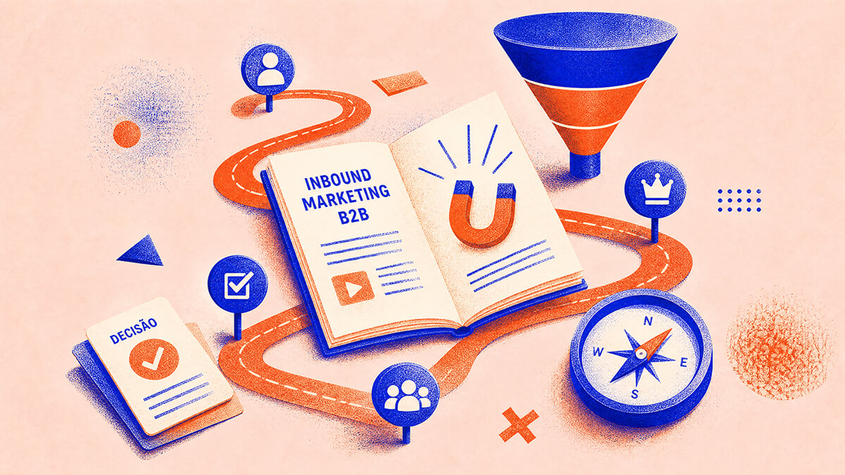 Ímã, envelope aberto e lanterna em colagem risograph representando inbound marketing B2B