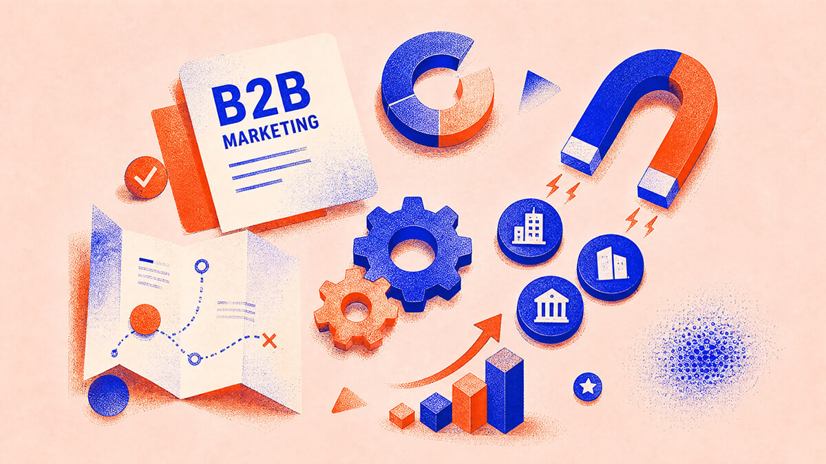 Colagem risograph de mapa dobrado, bússola de latão e cartões de visita representando estratégia de marketing B2B