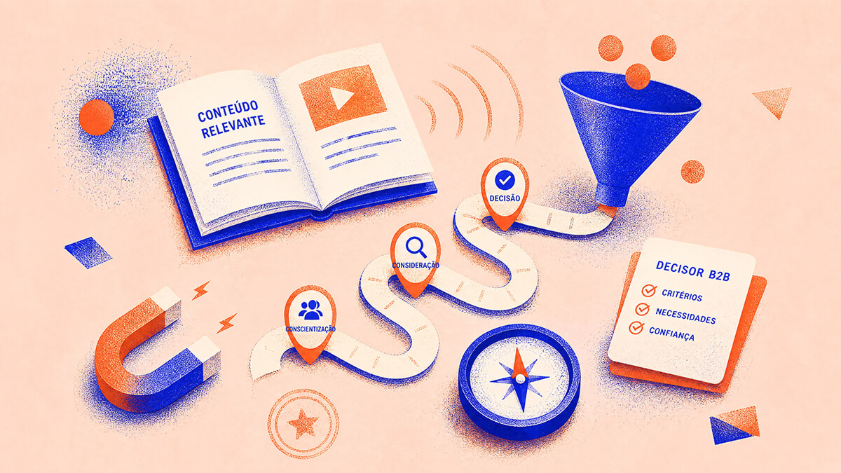 Jornal dobrado, óculos de leitura e carimbo em colagem risograph sobre marketing de conteúdo B2B