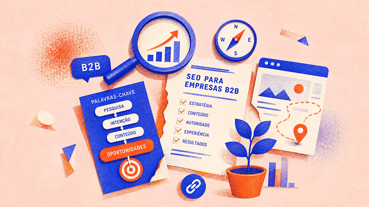 Bússola, mapa rasgado e lupa em colagem risograph representando SEO para empresas B2B