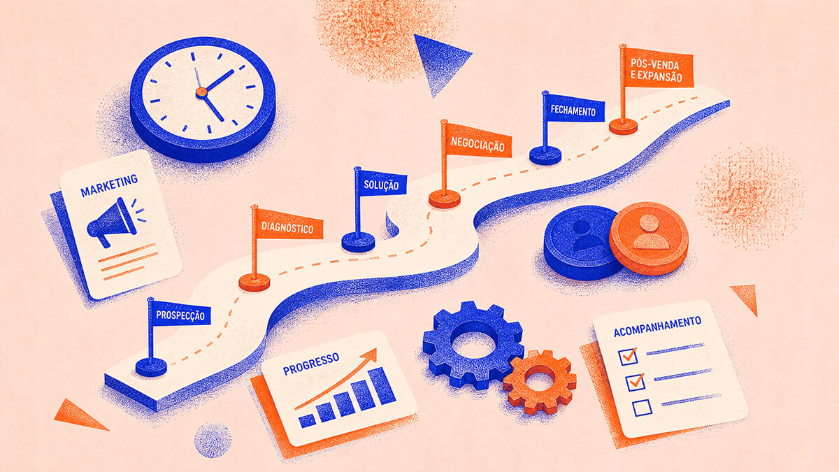 Bastão de revezamento, corda com nós e relógio de bolso em colagem risograph sobre processo de vendas B2B